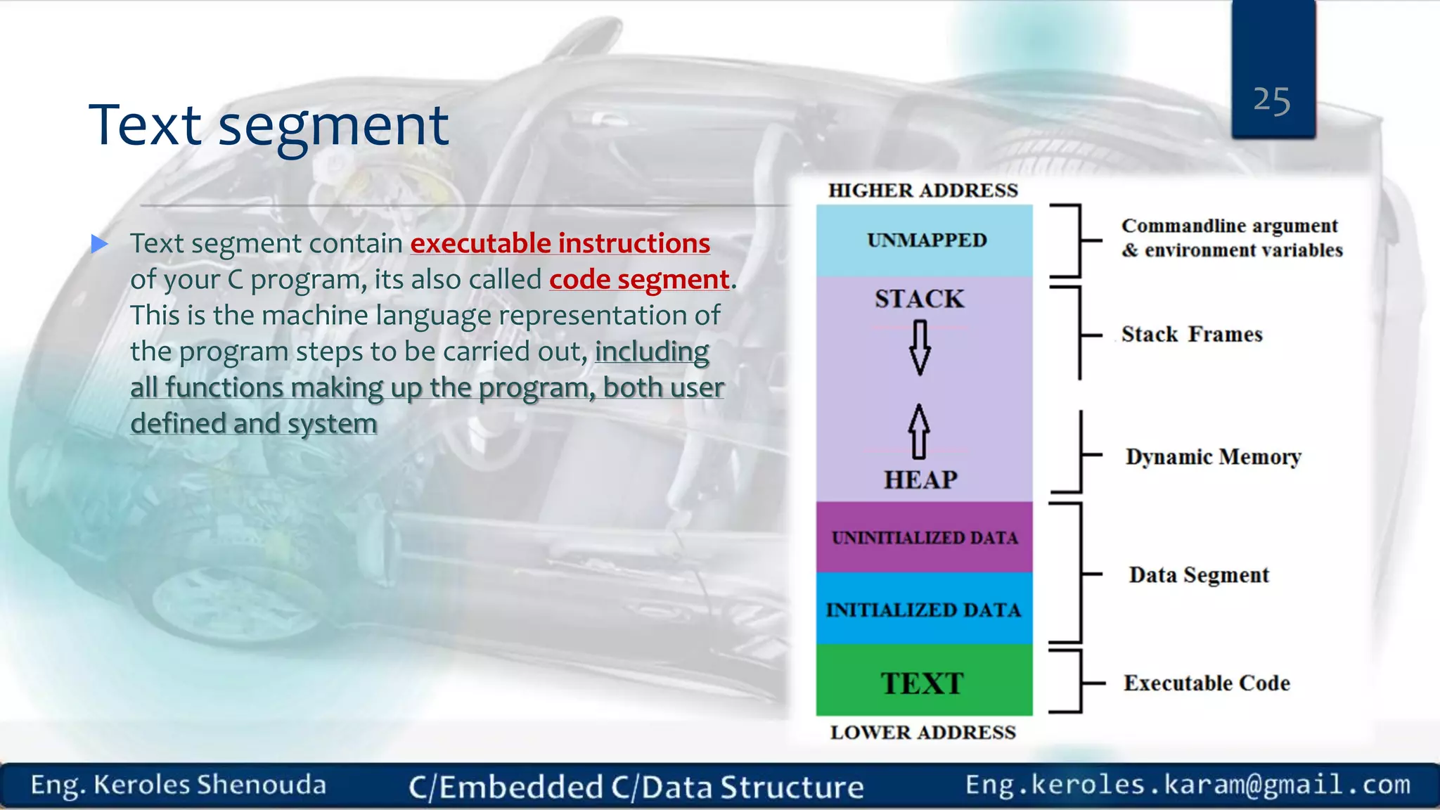 Text segment  Text segment contain executable instructions of your C program, its also called code segment. This is the machine language representation of the program steps to be carried out, including all functions making up the program, both user defined and system 25 