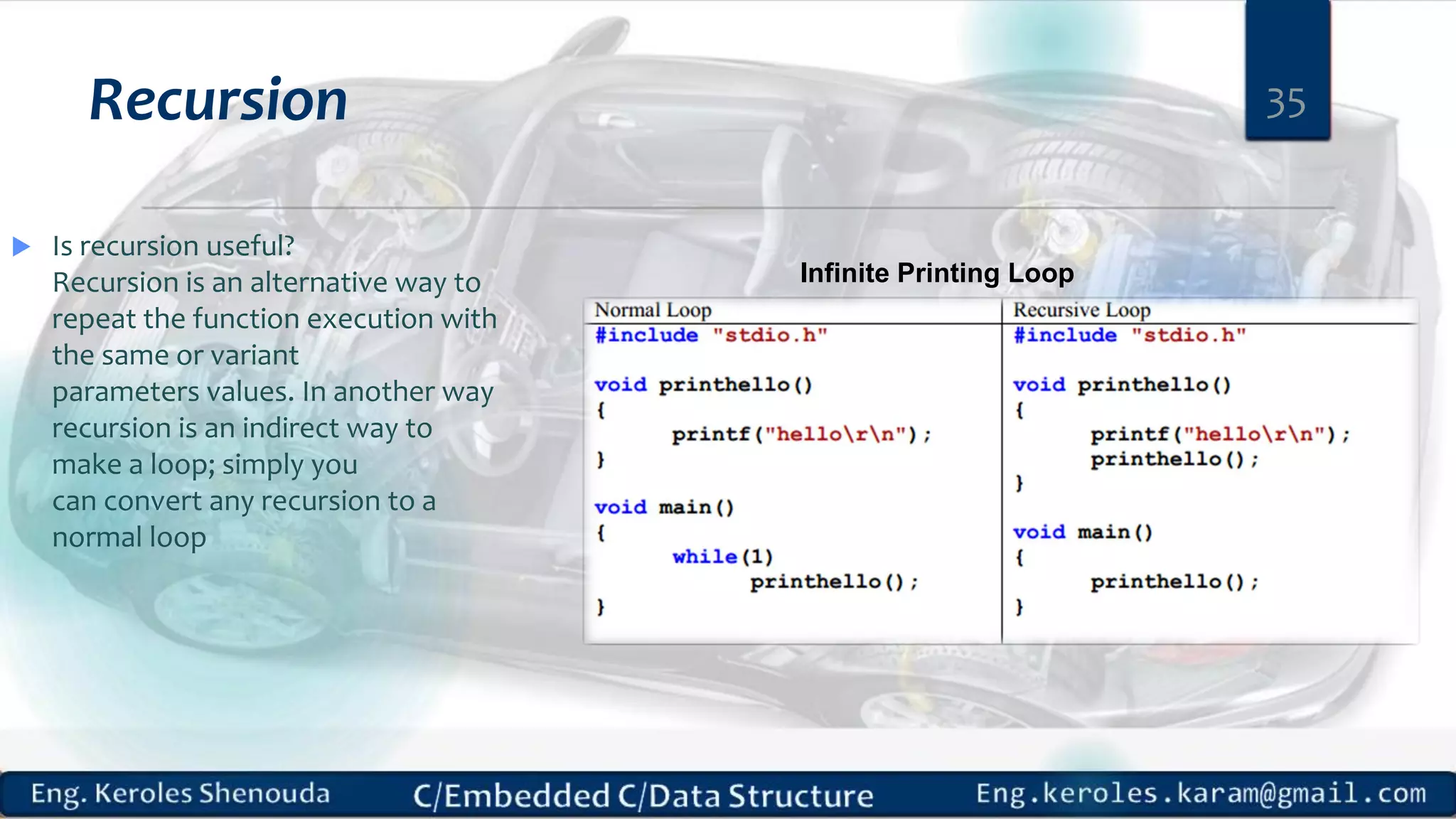 Recursion  Is recursion useful? Recursion is an alternative way to repeat the function execution with the same or variant parameters values. In another way recursion is an indirect way to make a loop; simply you can convert any recursion to a normal loop 35 Infinite Printing Loop 