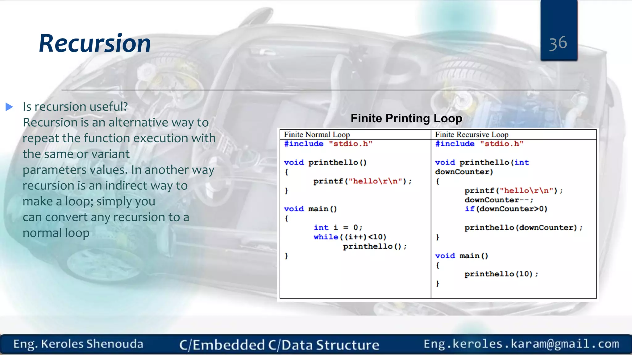 Recursion  Is recursion useful? Recursion is an alternative way to repeat the function execution with the same or variant parameters values. In another way recursion is an indirect way to make a loop; simply you can convert any recursion to a normal loop 36 Finite Printing Loop 