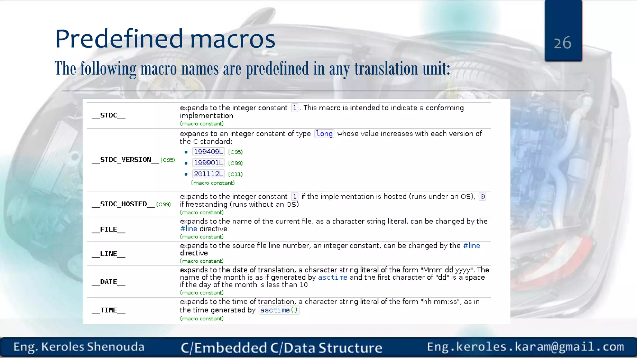 Predefined macros
The following macro names are predefined in any translation unit:
26
 