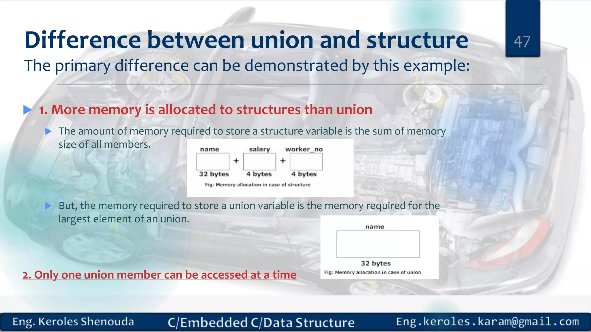 Difference between union and structure
The primary difference can be demonstrated by this example:
 1. More memory is allocated to structures than union
 The amount of memory required to store a structure variable is the sum of memory
size of all members.
 But, the memory required to store a union variable is the memory required for the
largest element of an union.
2. Only one union member can be accessed at a time
47
 