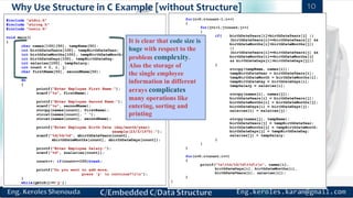 Why Use Structure in C Example [without Structure] 10
It is clear that code size is
huge with respect to the
problem complexity.
Also the storage of
the single employee
information in different
arrays complicates
many operations like
entering, sorting and
printing
 