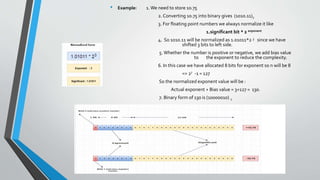 • Example: 1. We need to store 10.75
2. Converting 10.75 into binary gives (1010.11)2
3. For floating point numbers we always normalize it like
1.significant bit * 2 exponent
4. So 1010.11 will be normalized as 1.01011*2 3 since we have
shifted 3 bits to left side.
5. Whether the number is positive or negative, we add bias value
to the exponent to reduce the complexity.
6. In this case we have allocated 8 bits for exponent so n will be 8
=> 27 -1 = 127
So the normalized exponent value will be :
Actual exponent + Bias value = 3+127 = 130.
7. Binary form of 130 is (10000010) 2
 