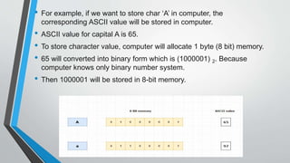 • For example, if we want to store char ‘A’ in computer, the
corresponding ASCII value will be stored in computer.
• ASCII value for capital A is 65.
• To store character value, computer will allocate 1 byte (8 bit) memory.
• 65 will converted into binary form which is (1000001) 2. Because
computer knows only binary number system.
• Then 1000001 will be stored in 8-bit memory.
 