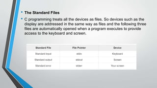 • The Standard Files
• C programming treats all the devices as files. So devices such as the
display are addressed in the same way as files and the following three
files are automatically opened when a program executes to provide
access to the keyboard and screen.
 