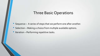 Three Basic Operations
• Sequence – A series of steps that we perform one after another.
• Selection – Making a choice from multiple available options.
• Iteration – Performing repetitive tasks.
 