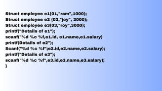 Struct employee e1{01,"ram",1000);
Struct employee e2 {02,"joy", 2000);
Struct employee e3{03,"roy",3000);
printf("Details of e1");
scanf("%d %c %f,e1.id, e1.name,e1.salary)
printf(Details of e2");
Scanf("%d %c %f";e2.id,e2.name,e2.salary);
printf("Details of e3");
scanf("%d %c %f",e3.id,e3.name,e3.salary);
}
 