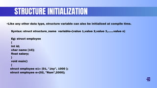 •Like any other data type, structure variable can also be initialized at compile time.
Syntax: struct structure_name variable={value 1,value 2,value 3,......value n}
Eg: struct employee
{
int id;
char name [10];
float salary;
}
void main()
{
struct employee e1= {01, "Joy", 1000 };
struct employee e={02, "Ram",2000};
STRUCTURE INITIALIZATION
 