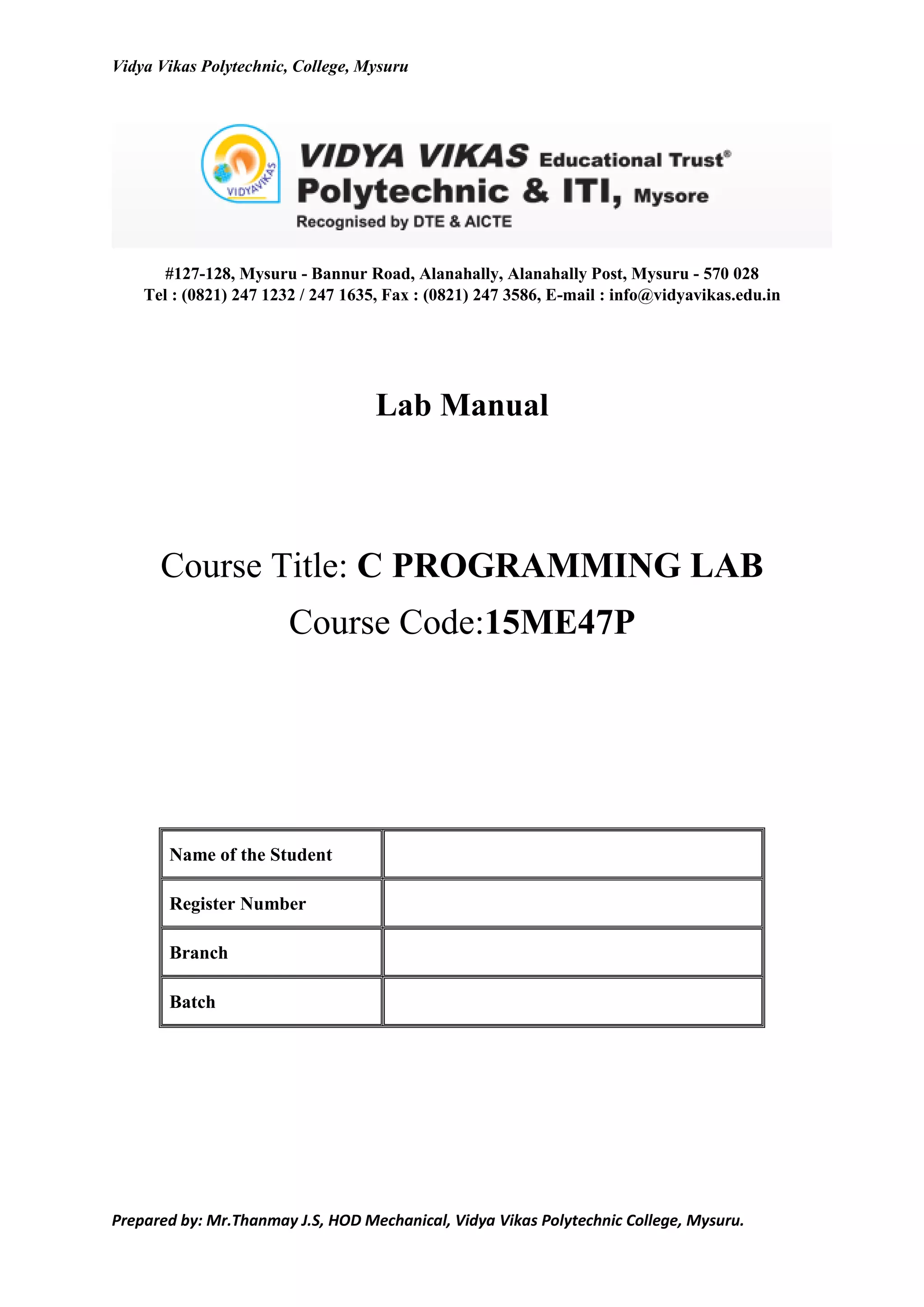C programming Lab Manual 15 me47p PDF