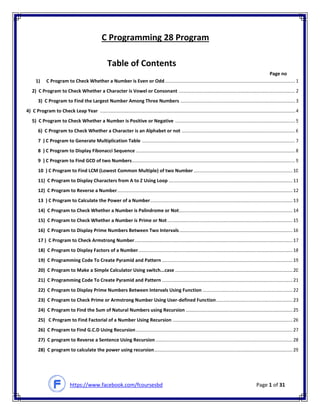 https://www.facebook.com/fcoursesbd Page 1 of 31
C Programming 28 Program
Table of Contents
Page no
1) C Program to Check Whether a Number is Even or Odd...................................................................................................12
2) C Program to Check Whether a Character is Vowel or Consonant ........................................................................................22
3) C Program to Find the Largest Number Among Three Numbers .......................................................................................33
4) C Program to Check Leap Year ....................................................................................................................................................45
5) C Program to Check Whether a Number is Positive or Negative ...........................................................................................55
6) C Program to Check Whether a Character is an Alphabet or not ......................................................................................66
7 ) C Program to Generate Multiplication Table ....................................................................................................................77
8 ) C Program to Display Fibonacci Sequence .........................................................................................................................88
9 ) C Program to Find GCD of two Numbers............................................................................................................................99
10 ) C Program to Find LCM (Lowest Common Multiple) of two Number ...........................................................................101
11) C Program to Display Characters from A to Z Using Loop ..............................................................................................111
12) C Program to Reverse a Number.....................................................................................................................................122
13 ) C Program to Calculate the Power of a Number............................................................................................................133
14) C Program to Check Whether a Number is Palindrome or Not......................................................................................144
15) C Program to Check Whether a Number is Prime or Not...............................................................................................155
16) C Program to Display Prime Numbers Between Two Intervals......................................................................................166
17 ) C Program to Check Armstrong Number........................................................................................................................177
18) C Program to Display Factors of a Number.....................................................................................................................188
19) C Programming Code To Create Pyramid and Pattern ...................................................................................................199
20) C Program to Make a Simple Calculator Using switch...case .........................................................................................200
21) C Programming Code To Create Pyramid and Pattern ...................................................................................................211
22) C Program to Display Prime Numbers Between Intervals Using Function ....................................................................222
23) C Program to Check Prime or Armstrong Number Using User-defined Function..........................................................233
24) C Program to Find the Sum of Natural Numbers using Recursion .................................................................................255
25) C Program to Find Factorial of a Number Using Recursion ...........................................................................................266
26) C Program to Find G.C.D Using Recursion.......................................................................................................................277
27) C program to Reverse a Sentence Using Recursion........................................................................................................288
28) C program to calculate the power using recursion.........................................................................................................299
 
