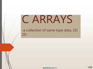 C ARRAYS
-a collection of same type data, 1D,
2D-
www.tenouk.com, © 1/25
 