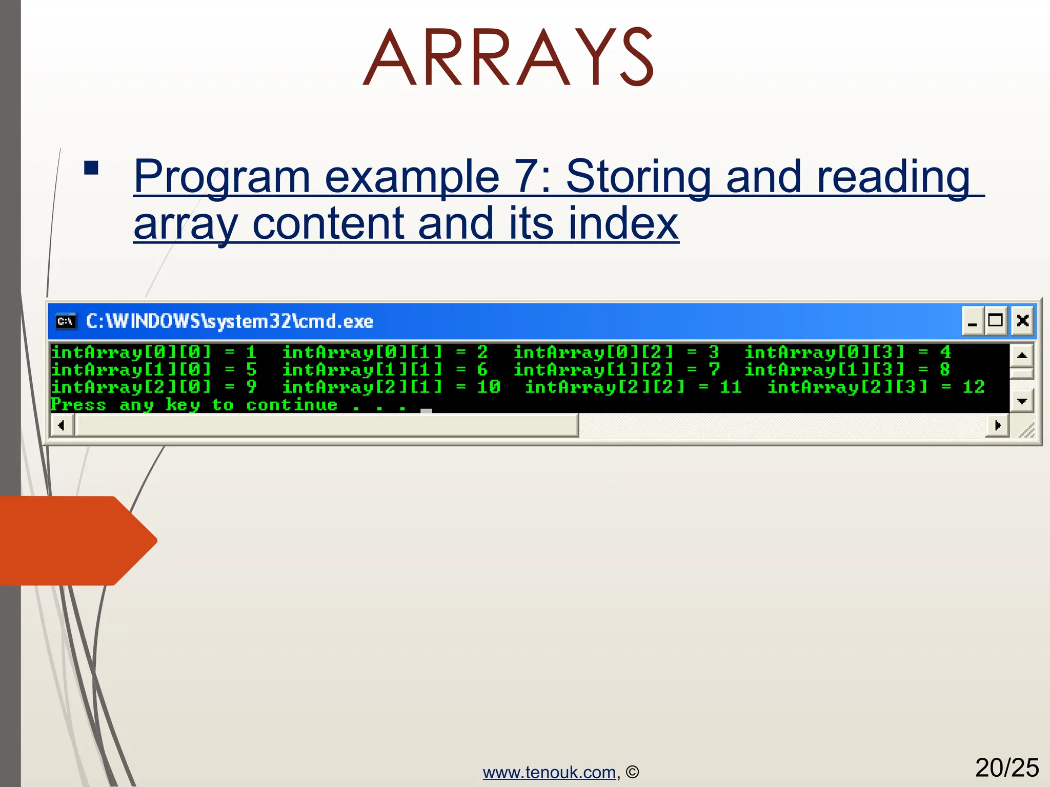 ARRAYS  Program example 7: Storing and reading array content and its index www.tenouk.com, © 20/25 