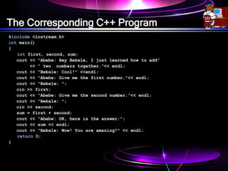 The Corresponding C++ Program
#include <iostream.h>
int main()
{
int first, second, sum;
cout << "Abebe: Hey Bekele, I just learned how to add”
<< “ two numbers together."<< endl;
cout << "Bekele: Cool!" <<endl;
cout << "Abebe: Give me the first number."<< endl;
cout << "Bekele: ";
cin >> first;
cout << "Abebe: Give me the second number."<< endl;
cout << "Bekele: ";
cin >> second;
sum = first + second;
cout << "Abebe: OK, here is the answer:";
cout << sum << endl;
cout << "Bekele: Wow! You are amazing!" << endl;
return 0;
}
 