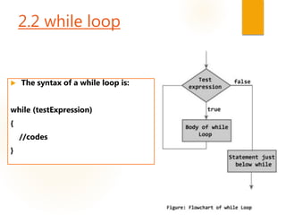 2.2 while loop
 The syntax of a while loop is:
while (testExpression)
{
//codes
}
 