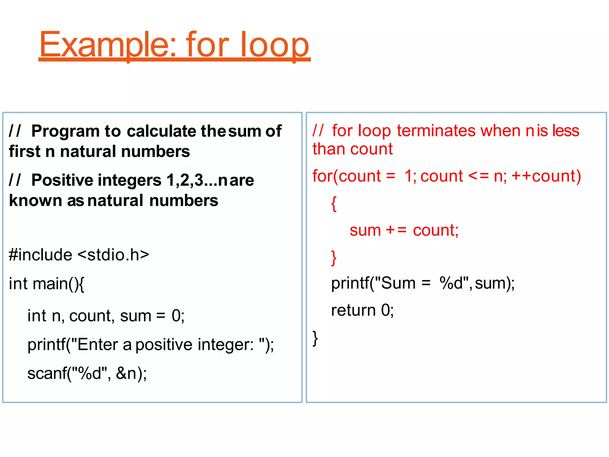 Example: for loop
/ / Program to calculate thesum of
first n natural numbers
/ / Positive integers 1,2,3...nare
known asnatural numbers
#include <stdio.h>
int main(){
int n, count, sum = 0;
printf("Enter a positive integer: ");
scanf("%d", &n);
// for loop terminates when nis less
than count
for(count = 1; count <= n; ++count)
{
sum += count;
}
printf("Sum = %d",sum);
return 0;
}
 