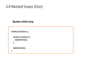 2.4 Nested loops (Con)
Syntax while loop
while(condition) {
while(condition) {
statement(s);
}
statement(s);
}
 