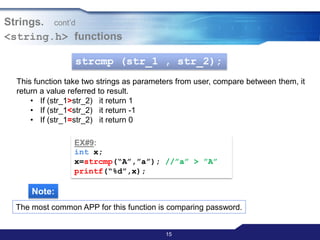 15
Strings. cont‟d
<string.h> functions
strcmp (str_1 , str_2);
This function take two strings as parameters from user, compare between them, it
return a value referred to result.
• If (str_1>str_2) it return 1
• If (str_1<str_2) it return -1
• If (str_1=str_2) it return 0
EX#9:
int x;
x=strcmp(“A”,”a”); //”a” > ”A”
printf(“%d”,x);
Note:
The most common APP for this function is comparing password.
 