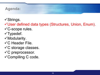 Agenda:
18
Strings.
User defined data types (Structures, Union, Enum).
C-scope rules.
Typedef.
Modularity.
C Header File.
C storage classes.
C preprocessor.
Compiling C code.
 