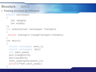 Structure. cont‟d
 Passing structure by reference:
struct rectangle
{
int length;
int width;
};
int area(struct rectangle *rectptr)
{
return (rectptr->lengh*rectptr->width);
}
int main()
{
struct rectangle rect_1;
struct rectangle *ptr;
int rect_area;
ptr->length=10;
ptr->width=5;
rect_area=area(&rect_1);
printf(“%d”,rect_area);
}
 