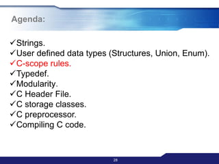 Agenda:
28
Strings.
User defined data types (Structures, Union, Enum).
C-scope rules.
Typedef.
Modularity.
C Header File.
C storage classes.
C preprocessor.
Compiling C code.
 