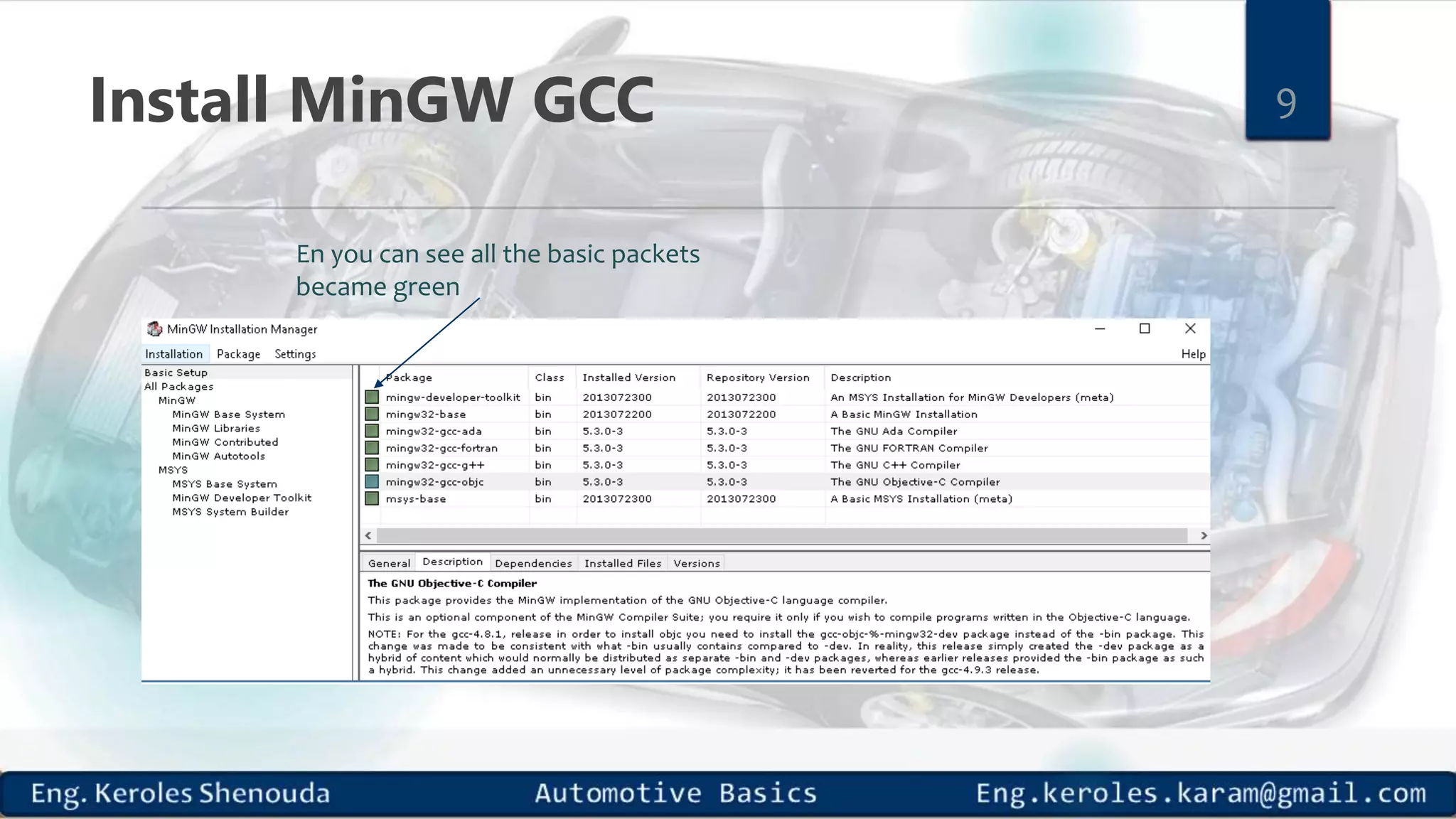 Install MinGW GCC 9 En you can see all the basic packets became green 