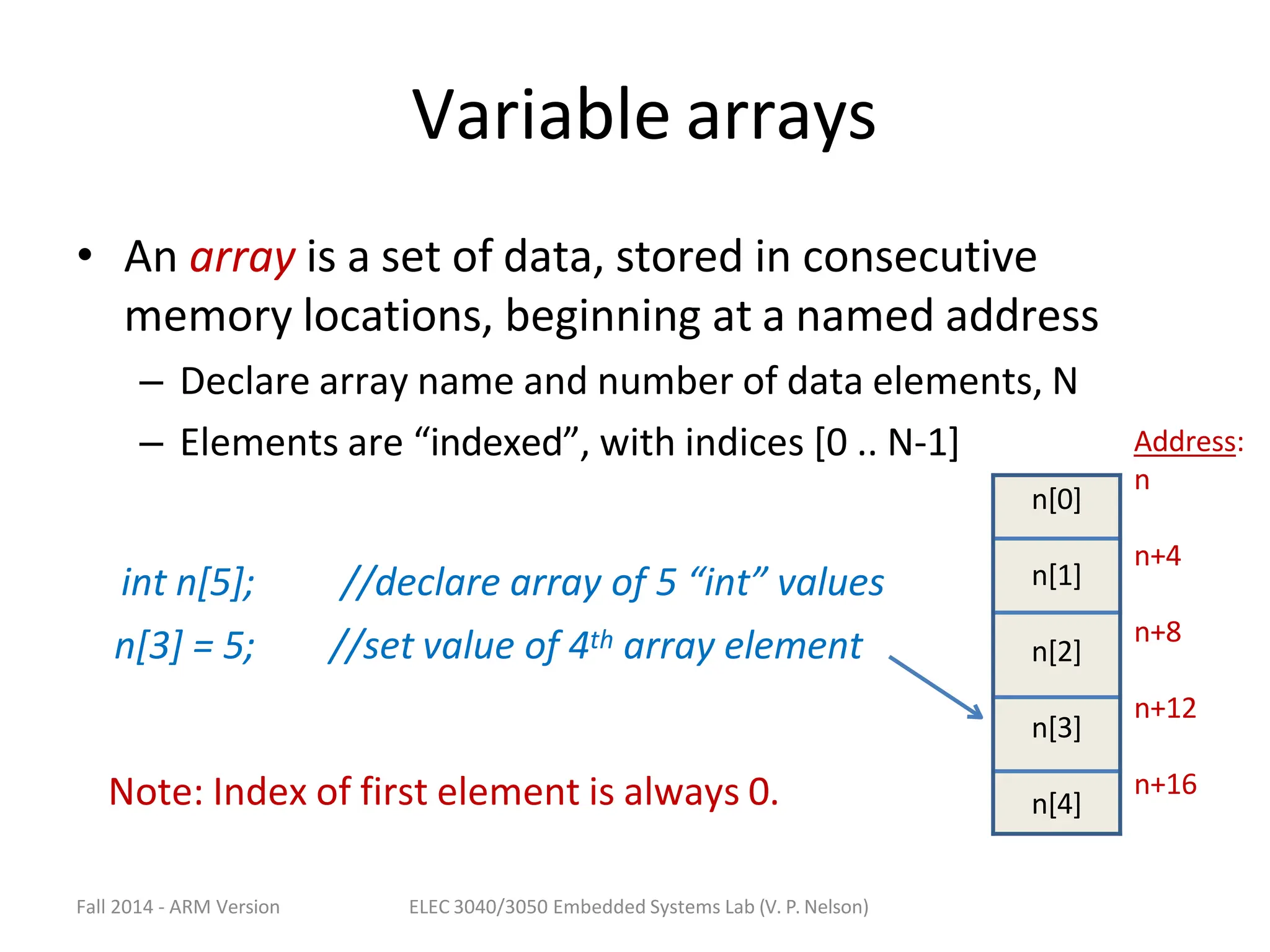 Variable arrays
• An array is a set of data, stored in consecutive
memory locations, beginning at a named address
– Declare array name and number of data elements, N
– Elements are “indexed”, with indices [0 .. N-1]
int n[5];
n[3] = 5;
//declare array of 5 “int” values
//set value of 4th array element
n[0]
n[1]
n[2]
n[3]
n[4]
Address:
n
n+4
n+8
n+12
n+16
Note: Index of first element is always 0.
Fall 2014 - ARM Version ELEC 3040/3050 Embedded Systems Lab (V. P. Nelson)
 