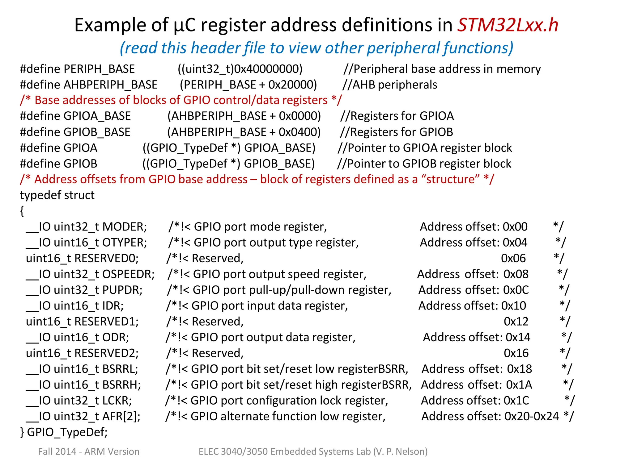 Fall 2014 - ARM Version ELEC 3040/3050 Embedded Systems Lab (V. P. Nelson)
Example of µC register address definitions in STM32Lxx.h
(read this header file to view other peripheral functions)
#define PERIPH_BASE ((uint32_t)0x40000000) //Peripheral base address in memory
#define AHBPERIPH_BASE (PERIPH_BASE + 0x20000) //AHB peripherals
/* Base addresses of blocks of GPIO control/data registers */
#define GPIOA_BASE (AHBPERIPH_BASE + 0x0000) //Registers for GPIOA
#define GPIOB_BASE (AHBPERIPH_BASE + 0x0400) //Registers for GPIOB
#define GPIOA ((GPIO_TypeDef *) GPIOA_BASE) //Pointer to GPIOA register block
#define GPIOB ((GPIO_TypeDef *) GPIOB_BASE) //Pointer to GPIOB register block
/* Address offsets from GPIO base address – block of registers defined as a “structure” */
typedef struct
{
Address offset: 0x00
Address offset: 0x04
0x06
Address offset: 0x08
Address offset: 0x0C
Address offset: 0x10
0x12
Address offset: 0x14
0x16
Address offset: 0x18
Address offset: 0x1A
Address offset: 0x1C
*/
*/
*/
*/
*/
*/
*/
*/
*/
*/
*/
*/
/*!< GPIO port mode register,
/*!< GPIO port output type register,
/*!< Reserved,
/*!< GPIO port output speed register,
/*!< GPIO port pull-up/pull-down register,
/*!< GPIO port input data register,
/*!< Reserved,
/*!< GPIO port output data register,
/*!< Reserved,
/*!< GPIO port bit set/reset low registerBSRR,
/*!< GPIO port bit set/reset high registerBSRR,
/*!< GPIO port configuration lock register,
/*!< GPIO alternate function low register, Address offset: 0x20-0x24 */
IO uint32_t MODER;
IO uint16_t OTYPER;
uint16_t RESERVED0;
IO uint32_t OSPEEDR;
IO uint32_t PUPDR;
IO uint16_t IDR;
uint16_t RESERVED1;
IO uint16_t ODR;
uint16_t RESERVED2;
IO uint16_t BSRRL;
IO uint16_t BSRRH;
IO uint32_t LCKR;
IO uint32_t AFR[2];
} GPIO_TypeDef;
 