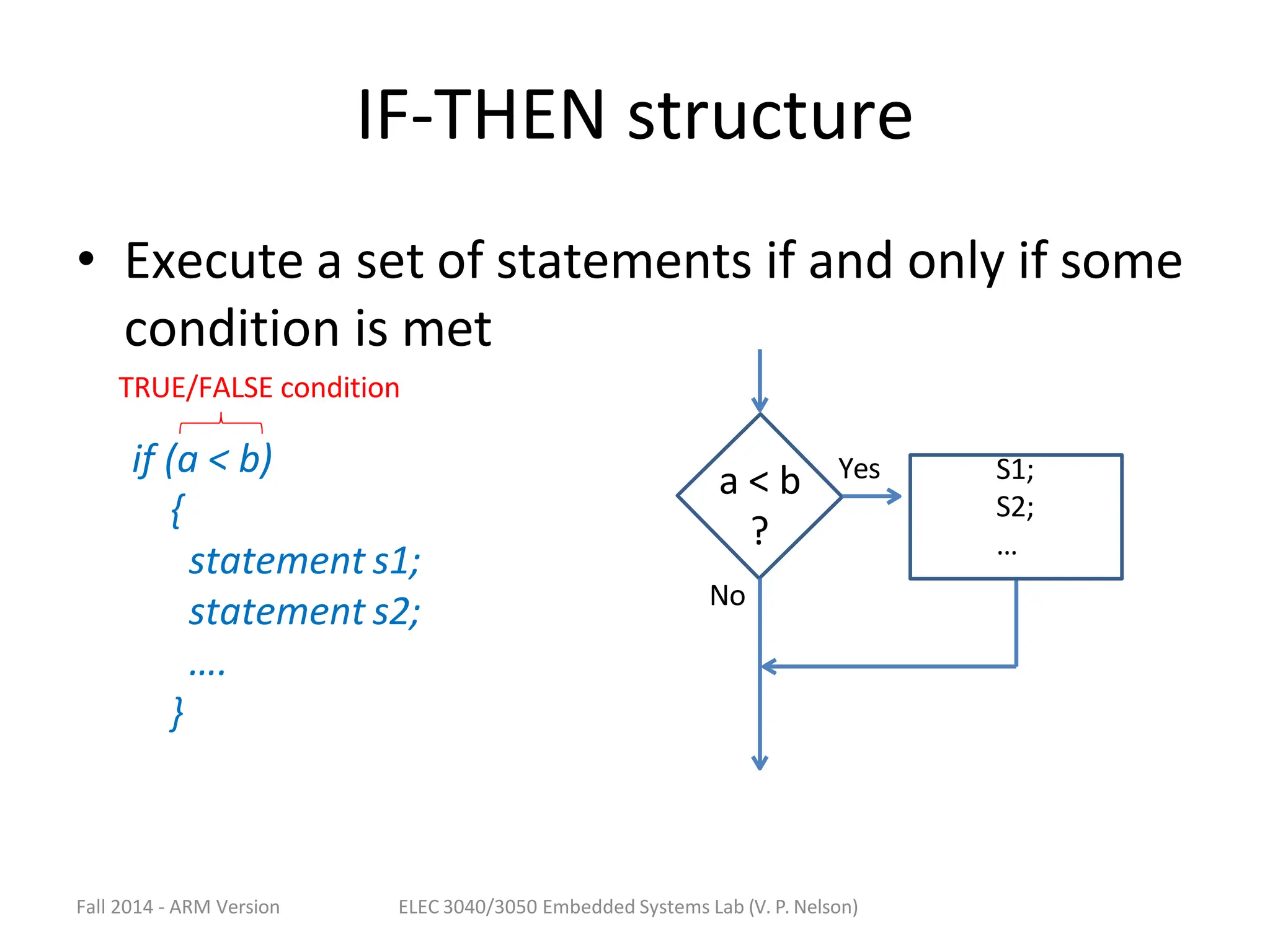 IF-THEN structure
if (a < b)
{
statement s1;
statement s2;
….
}
a < b
?
Yes
No
S1;
S2;
…
• Execute a set of statements if and only if some
condition is met
TRUE/FALSE condition
Fall 2014 - ARM Version ELEC 3040/3050 Embedded Systems Lab (V. P. Nelson)
 