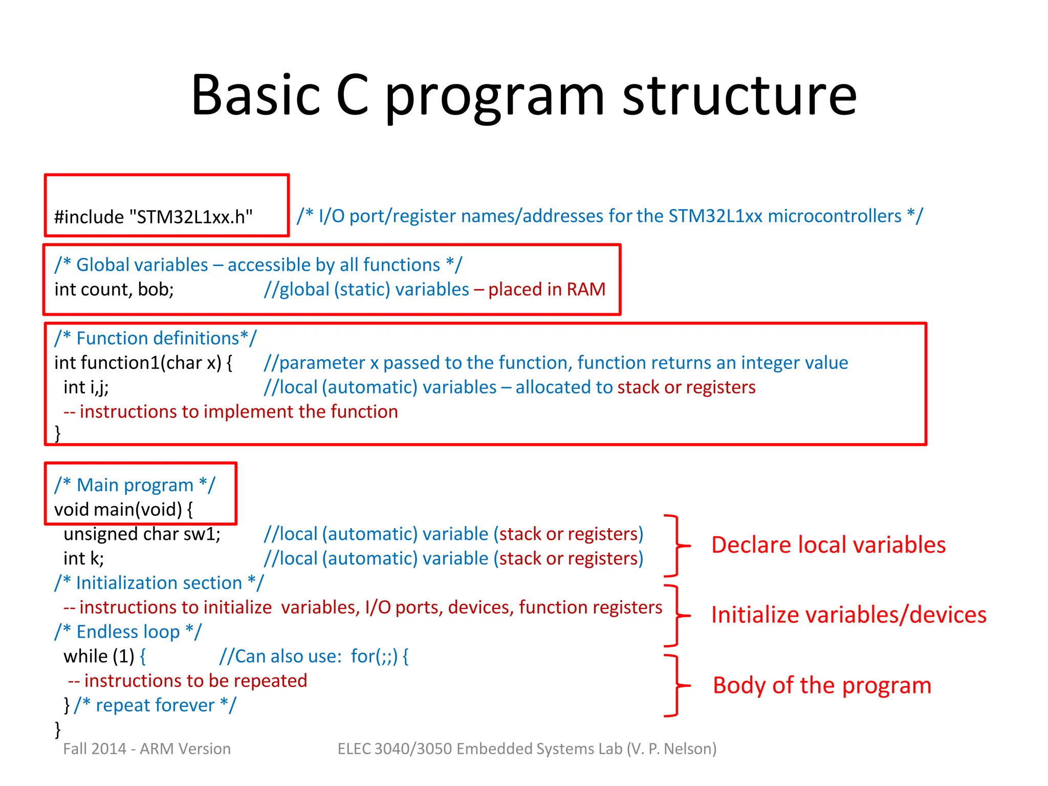 Basic C program structure
#include "STM32L1xx.h" /* I/O port/register names/addresses for the STM32L1xx microcontrollers */
/* Global variables – accessible by all functions */
int count, bob; //global (static) variables – placed in RAM
/* Function definitions*/
int function1(char x) { //parameter x passed to the function, function returns an integer value
int i,j; //local (automatic) variables – allocated to stack or registers
-- instructions to implement the function
}
/* Main program */
void main(void) {
unsigned char sw1;
int k;
//local (automatic) variable (stack or registers)
//local (automatic) variable (stack or registers)
/* Initialization section */
-- instructions to initialize variables, I/O ports, devices, function registers
/* Endless loop */
while (1) { //Can also use: for(;;) {
-- instructions to be repeated
} /* repeat forever */
}
Declare local variables
Initialize variables/devices
Body of the program
Fall 2014 - ARM Version ELEC 3040/3050 Embedded Systems Lab (V. P. Nelson)
 