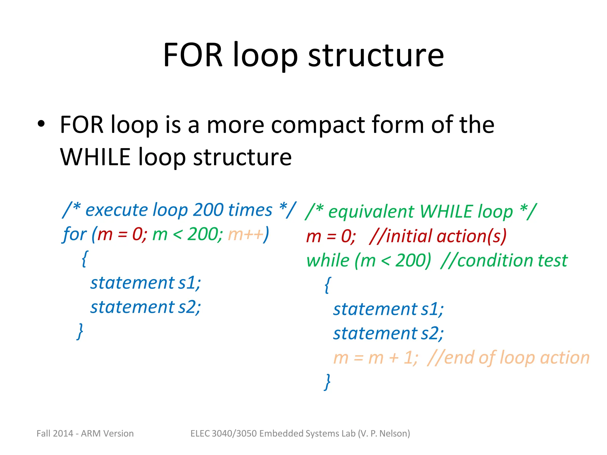 Fall 2014 - ARM Version ELEC 3040/3050 Embedded Systems Lab (V. P. Nelson)
FOR loop structure
for (m = 0; m < 200; m++)
{
statement s1;
statement s2;
}
• FOR loop is a more compact form of the
WHILE loop structure
/* execute loop 200 times */ /* equivalent WHILE loop */
m = 0; //initial action(s)
while (m < 200) //condition test
{
statement s1;
statement s2;
m = m + 1; //end of loop action
}
 