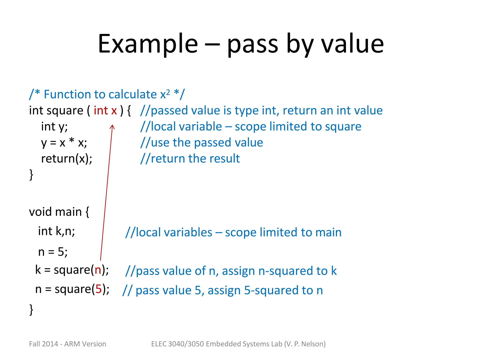 Example – pass by value
/* Function to calculate x2 */
//passed value is type int, return an int value
//local variable – scope limited to square
//use the passed value
//return the result
int square ( int x ) {
int y;
y = x * x;
return(x);
}
void main {
int k,n;
n = 5;
k = square(n);
n = square(5);
}
//local variables – scope limited to main
//pass value of n, assign n-squared to k
// pass value 5, assign 5-squared to n
Fall 2014 - ARM Version ELEC 3040/3050 Embedded Systems Lab (V. P. Nelson)
 