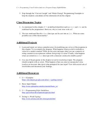 C++ Programming: From Problem Analysis to Program Design, Eighth Edition 2-
1414
3. Step through the “Convert Length” and “Make Change” Programming Examples to
help the students consolidate all the information from this chapter.
Class Discussion Topics
1. As mentioned in this chapter, C++ predefined identifiers such as cout and cin can be
redefined by the programmer. However, why is it not wise to do so?
2. The text mentioned that the char data type can be cast into an int. What are some
possible uses of this functionality?
Additional Projects
1. Learn and report on various compiler errors by modifying one or two of the programs in
this chapter. Try to compile the program. What happens when you fail to initialize a
value for a named constant? What are the error messages when you use a numeric or
string constant in an expression without first giving it a value? Finally, what happens
when you initialize a char data type with a character enclosed in double quotes?
2. Use one of the programs in this chapter to test for invalid user input. The program
should compile with no errors. What happens when you enter an unexpected value
(such as an incorrect data type) when prompted for user input? Test with several sets of
invalid data and document your findings.
Additional Resources
1. C++ Examples:
https://developers.google.com/edu/c++/getting-started
2. Basic Input/Output:
http://www.cplusplus.com/doc/tutorial/basic_io/
3. C++ Programming Style Guidelines:
http://geosoft.no/development/cppstyle.html
4. Strong vs. Weak Typing:
http://www.artima.com/intv/strongweak.html
 