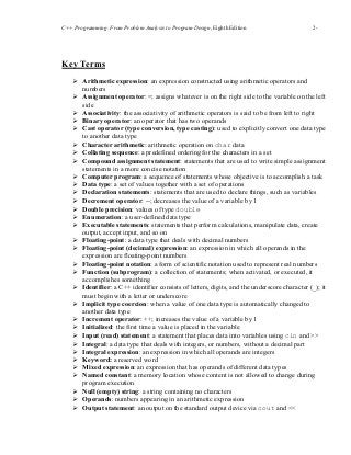 C++ Programming: From Problem Analysis to Program Design, Eighth Edition 2-
1515
Key Terms
 Arithmetic expression: an expression constructed using arithmetic operators and
numbers
 Assignment operator: =; assigns whatever is on the right side to the variable on the left
side
 Associativity: the associativity of arithmetic operators is said to be from left to right
 Binary operator: an operator that has two operands
 Cast operator (type conversion, type casting): used to explicitly convert one data type
to another data type
 Character arithmetic: arithmetic operation on char data
 Collating sequence: a predefined ordering for the characters in a set
 Compound assignment statement: statements that are used to write simple assignment
statements in a more concise notation
 Computer program: a sequence of statements whose objective is to accomplish a task
 Data type: a set of values together with a set of operations
 Declaration statements: statements that are used to declare things, such as variables
 Decrement operator: --; decreases the value of a variable by 1
 Double precision: values of type double
 Enumeration: a user-defined data type
 Executable statements: statements that perform calculations, manipulate data, create
output, accept input, and so on
 Floating-point: a data type that deals with decimal numbers
 Floating-point (decimal) expression: an expression in which all operands in the
expression are floating-point numbers
 Floating-point notation: a form of scientific notation used to represent real numbers
 Function (subprogram): a collection of statements; when activated, or executed, it
accomplishes something
 Identifier: a C++ identifier consists of letters, digits, and the underscore character (_); it
must begin with a letter or underscore
 Implicit type coercion: when a value of one data type is automatically changed to
another data type
 Increment operator: ++; increases the value of a variable by 1
 Initialized: the first time a value is placed in the variable
 Input (read) statement: a statement that places data into variables using cin and >>
 Integral: a data type that deals with integers, or numbers, without a decimal part
 Integral expression: an expression in which all operands are integers
 Keyword: a reserved word
 Mixed expression: an expression that has operands of different data types
 Named constant: a memory location whose content is not allowed to change during
program execution
 Null (empty) string: a string containing no characters
 Operands: numbers appearing in an arithmetic expression
 Output statement: an output on the standard output device via cout and <<
 