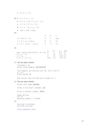 12
12
e. y /= x + 5;
28. a. x = x + 5 – z;
b. y = y * (2 * x + 5 – z);
c. w = w + 2 * z + 4;
d. x = x – (z + y – t);
e. sum = sum + num;
29.
a b c
a = (b++) + 3; 8 3 und
c = 2 * a + (++b); 8 2 12
b = 2 * (++c) – (a++); 9 -3 11
30.
a b c sum
sum = static_cast<int>(a + b + c); 6 3 2.2 11
b += c * a; 6 16 2.2 11
c -= a; 6 16 -3.8 11
a *= 2 * b - c; 214 16 -3.8 11
31. (The user input is shaded.)
firstNum = 62
Enter three numbers: 35 10.5 27
The numbers you entered are 35, 10.5, and 27
z = 33
Enter grade: B
The letter that follows your grade is: C
32. (The user input is shaded.)
Enter last name: Miller
Enter a two digit integer: 34
Enter a decimal number: 62.5
Name: Miller
Id: 34
Mystery number: -5.14286
33.
#include <iostream>
#include <string>
using namespace std;
 