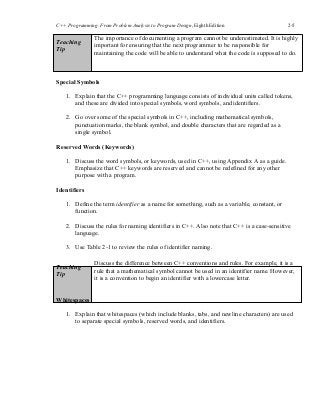 C++ Programming: From Problem Analysis to Program Design, Eighth Edition 2-5
Teaching
Tip
The importance of documenting a program cannot be underestimated. It is highly
important for ensuring that the next programmer to be responsible for
maintaining the code will be able to understand what the code is supposed to do.
Special Symbols
1. Explain that the C++ programming language consists of individual units called tokens,
and these are divided into special symbols, word symbols, and identifiers.
2. Go over some of the special symbols in C++, including mathematical symbols,
punctuation marks, the blank symbol, and double characters that are regarded as a
single symbol.
Reserved Words (Keywords)
1. Discuss the word symbols, or keywords, used in C++, using Appendix A as a guide.
Emphasize that C++ keywords are reserved and cannot be redefined for any other
purpose with a program.
Identifiers
1. Define the term identifier as a name for something, such as a variable, constant, or
function.
2. Discuss the rules for naming identifiers in C++. Also note that C++ is a case-sensitive
language.
3. Use Table 2-1 to review the rules of identifier naming.
Teaching
Tip
Discuss the difference between C++ conventions and rules. For example, it is a
rule that a mathematical symbol cannot be used in an identifier name. However,
it is a convention to begin an identifier with a lowercase letter.
Whitespaces
1. Explain that whitespaces (which include blanks, tabs, and newline characters) are used
to separate special symbols, reserved words, and identifiers.
 