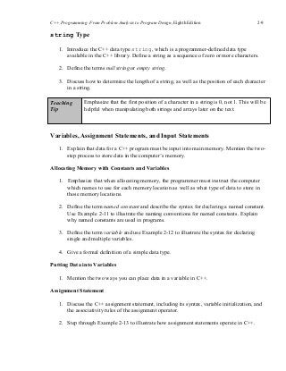 C++ Programming: From Problem Analysis to Program Design, Eighth Edition 2-9
string Type
1. Introduce the C++ data type string, which is a programmer-defined data type
available in the C++ library. Define a string as a sequence of zero or more characters.
2. Define the terms null string or empty string.
3. Discuss how to determine the length of a string, as well as the position of each character
in a string.
Teaching
Tip
Emphasize that the first position of a character in a string is 0, not 1. This will be
helpful when manipulating both strings and arrays later on the text.
Variables, Assignment Statements, and Input Statements
1. Explain that data for a C++ program must be input into main memory. Mention the two-
step process to store data in the computer’s memory.
Allocating Memory with Constants and Variables
1. Emphasize that when allocating memory, the programmer must instruct the computer
which names to use for each memory location as well as what type of data to store in
those memory locations.
2. Define the term named constant and describe the syntax for declaring a named constant.
Use Example 2-11 to illustrate the naming conventions for named constants. Explain
why named constants are used in programs.
3. Define the term variable and use Example 2-12 to illustrate the syntax for declaring
single and multiple variables.
4. Give a formal definition of a simple data type.
Putting Data into Variables
1. Mention the two ways you can place data in a variable in C++.
Assignment Statement
1. Discuss the C++ assignment statement, including its syntax, variable initialization, and
the associativity rules of the assignment operator.
2. Step through Example 2-13 to illustrate how assignment statements operate in C++.
 