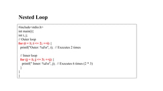 Nested Loop
#include<stdio.h>
int main(){
int i, j;
// Outer loop
for (i = 1; i <= 2; ++i) {
printf("Outer: %dn", i); // Executes 2 times
// Inner loop
for (j = 1; j <= 3; ++j) {
printf(" Inner: %dn", j); // Executes 6 times (2 * 3)
}
}
}
 