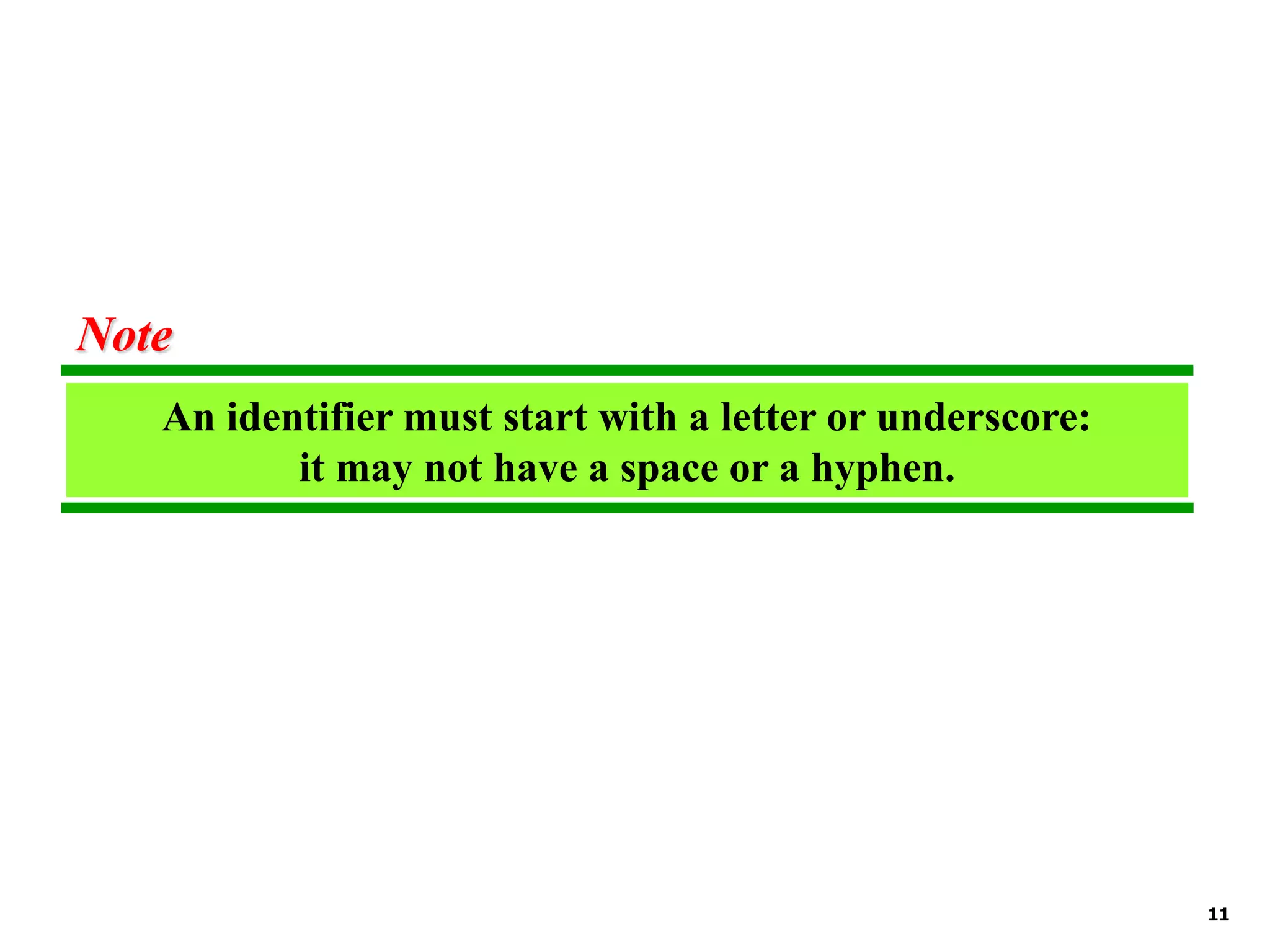 11 An identifier must start with a letter or underscore: it may not have a space or a hyphen. Note 