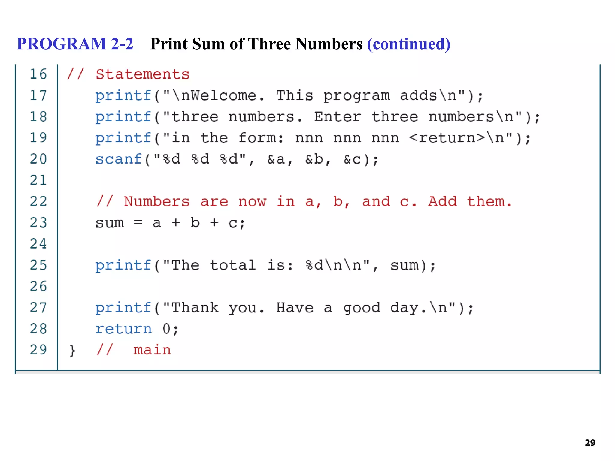 29 PROGRAM 2-2 Print Sum of Three Numbers (continued) 