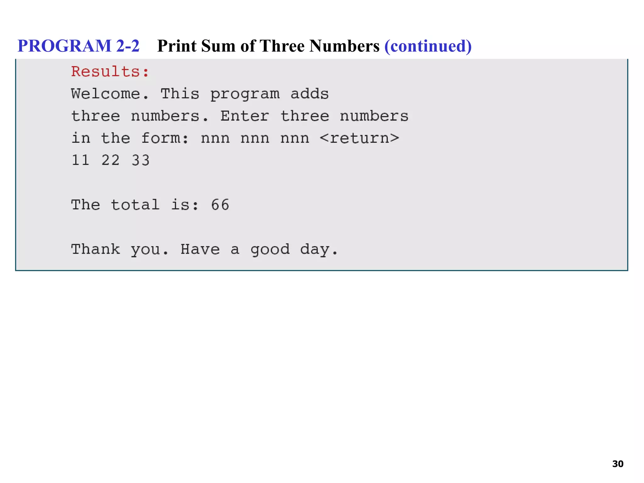 30 PROGRAM 2-2 Print Sum of Three Numbers (continued) 