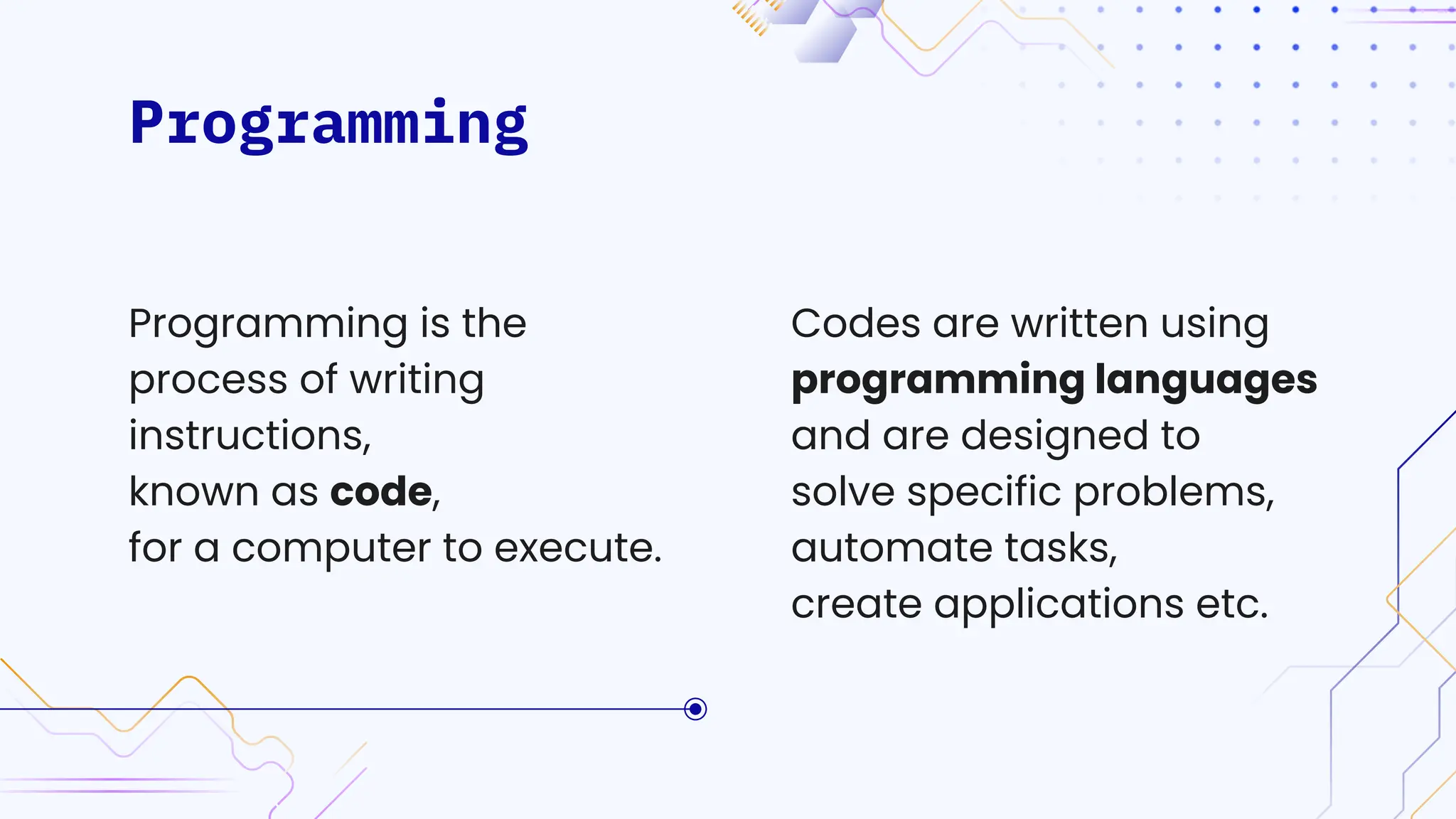 Programming
Codes are written using
programming languages
and are designed to
solve specific problems,
automate tasks,
create applications etc.
Programming is the
process of writing
instructions,
known as code,
for a computer to execute.
 
