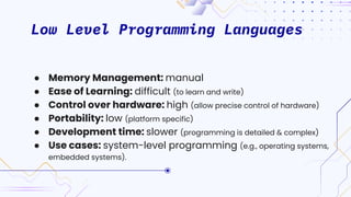 Low Level Programming Languages
● Memory Management: manual
● Ease of Learning: difficult (to learn and write)
● Control over hardware: high (allow precise control of hardware)
● Portability: low (platform specific)
● Development time: slower (programming is detailed & complex)
● Use cases: system-level programming (e.g., operating systems,
embedded systems).
 