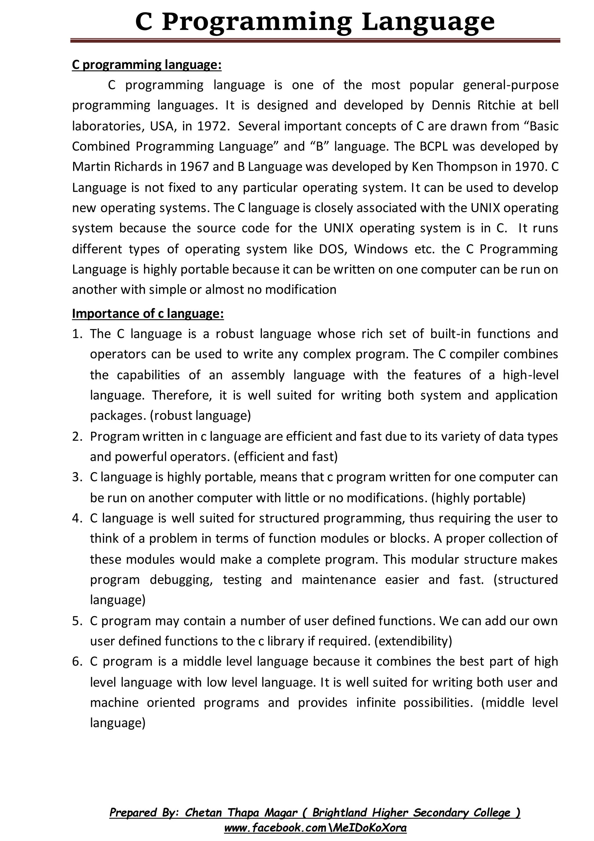 C programming language Reference Note | PDF