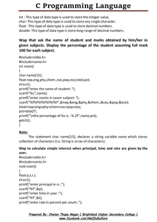 C programming language Reference Note | PDF