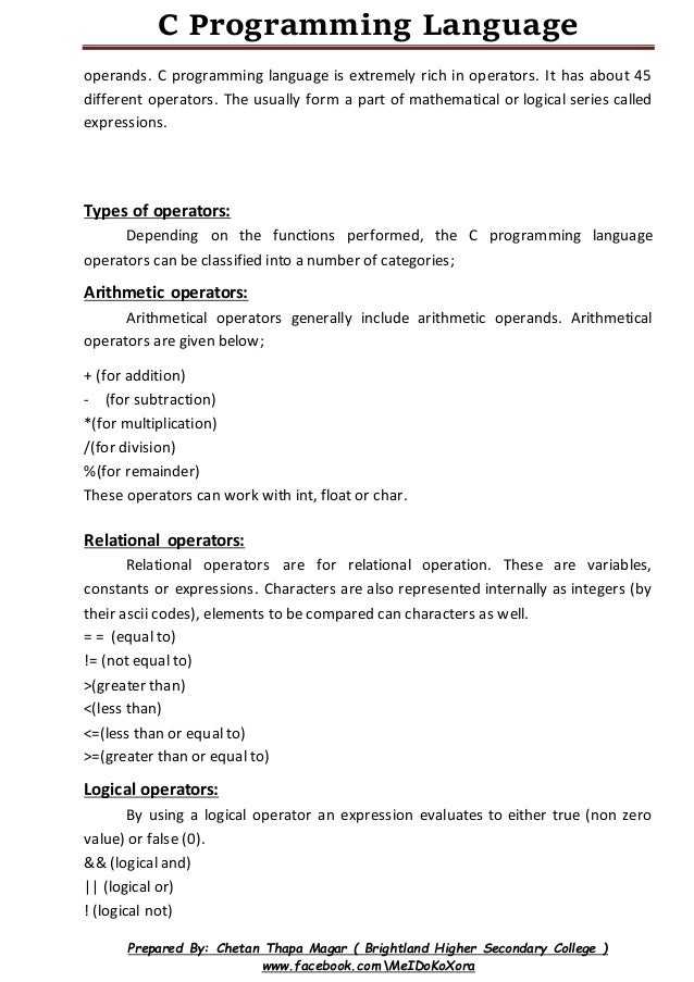 C programming language Reference Note