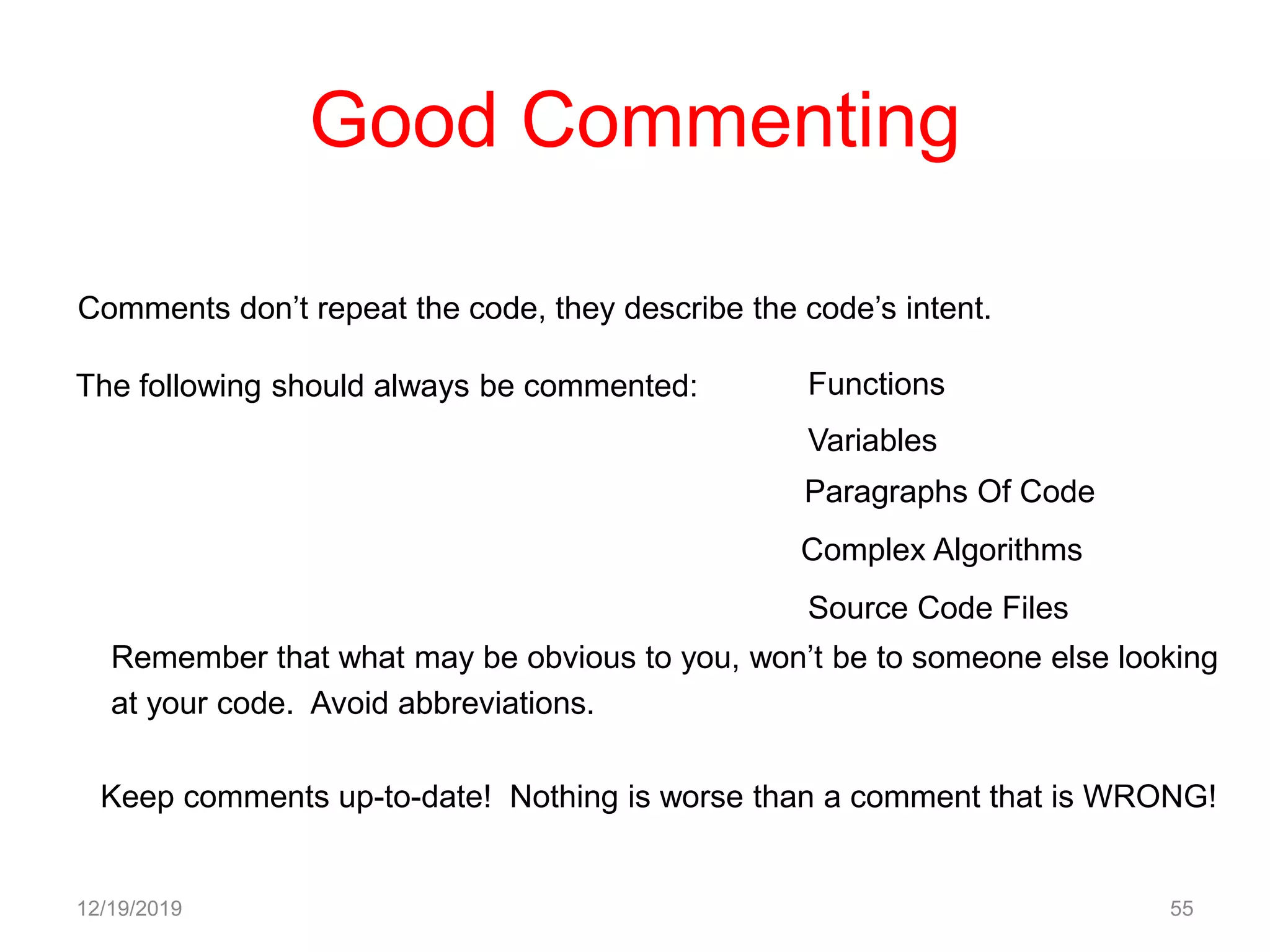Good Commenting
12/19/2019 55
Comments don’t repeat the code, they describe the code’s intent.
The following should always be commented: Functions
Variables
Paragraphs Of Code
Complex Algorithms
Source Code Files
Remember that what may be obvious to you, won’t be to someone else looking
at your code. Avoid abbreviations.
Keep comments up-to-date! Nothing is worse than a comment that is WRONG!
 