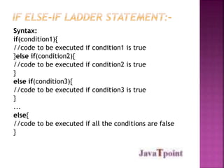 Syntax: 
if(condition1){ 
//code to be executed if condition1 is true 
}else if(condition2){ 
//code to be executed if condition2 is true 
} 
else if(condition3){ 
//code to be executed if condition3 is true 
} 
... 
else{ 
//code to be executed if all the conditions are false 
} 
 