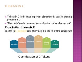  Tokens in C is the most important element to be used in creating a
program in C.
 We can define the token as the smallest individual element in C.
Classification of tokens in C
Tokens in C language can be divided into the following categories:
 