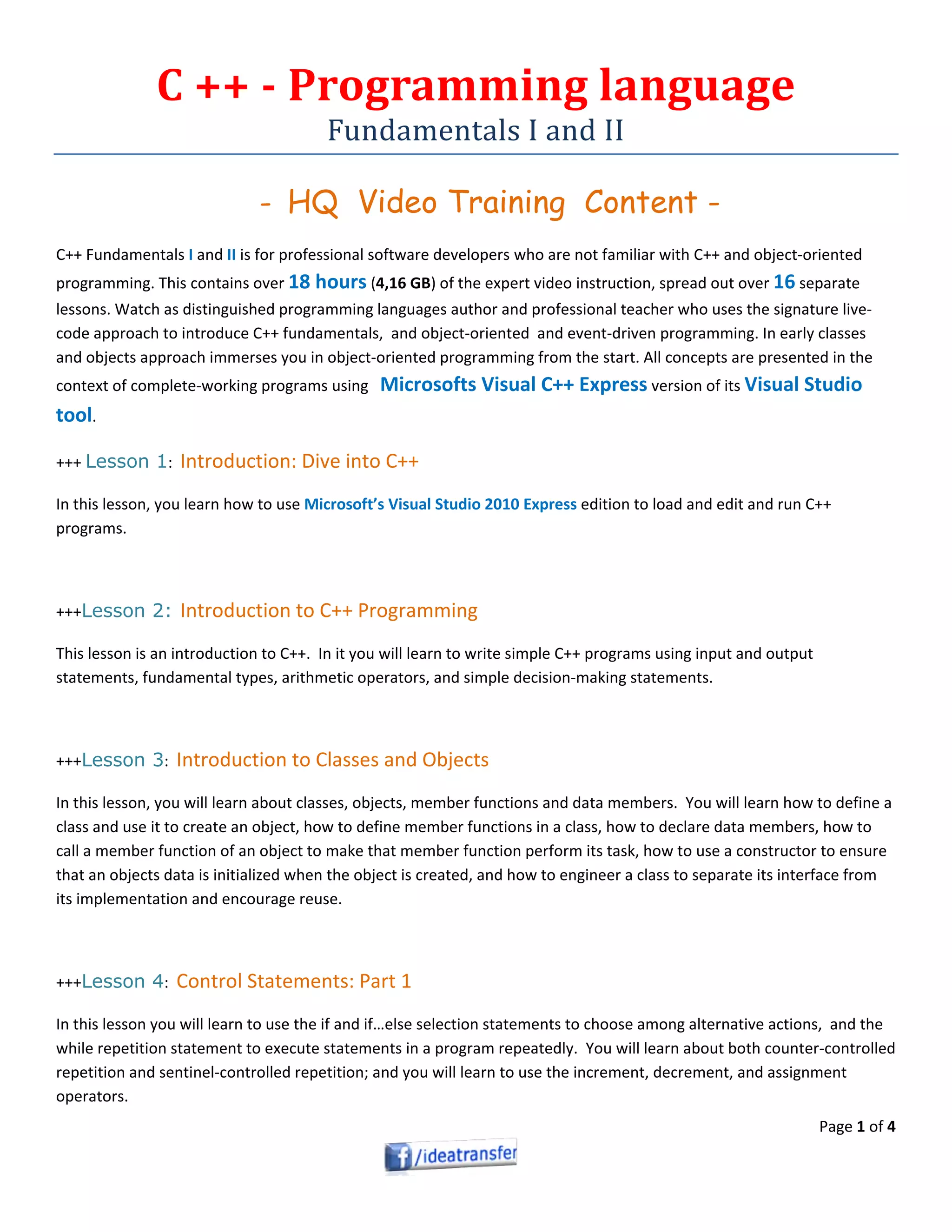 C++ programming language video content | PDF