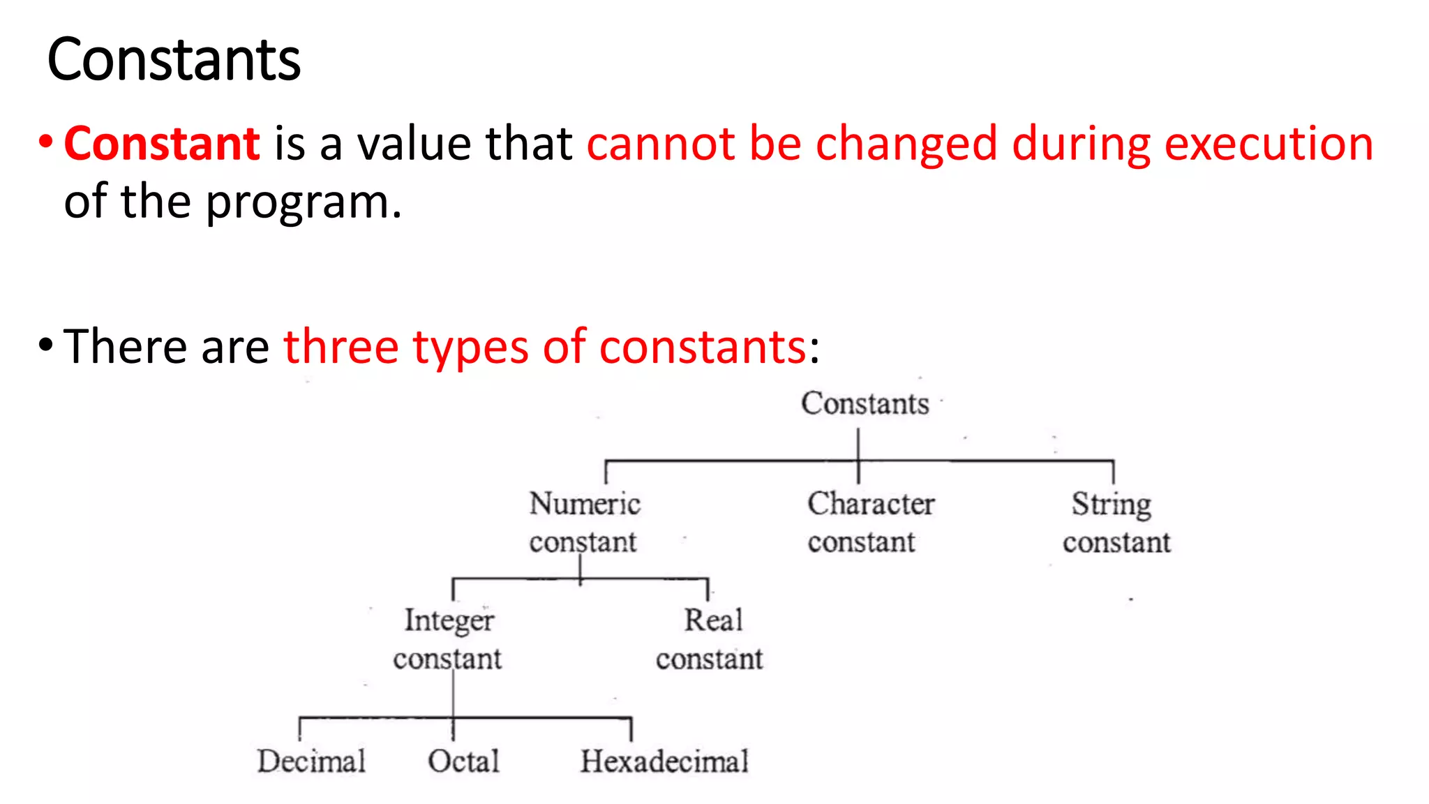 Constants
•Constant is a value that cannot be changed during execution
of the program.
•There are three types of constants:
 